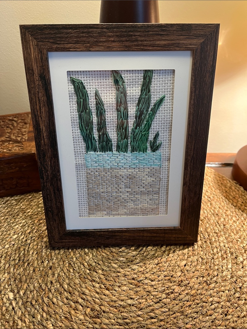 🍃 Framed Hand-Embroidered Potted Plant Artwork in Green and Beige